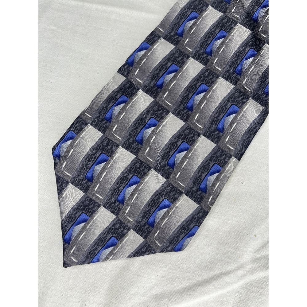 Courage Neckwear Tie Blue & Gray Rectangles 100% Silk Korean Made